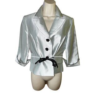 Kay Unger New York Metallic Silver Blue Blazer Floral Size 4 Jacket Glamour Boss